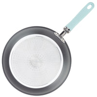11-piece hard anodized nonstick cookware set with blue-handled frying pan.
