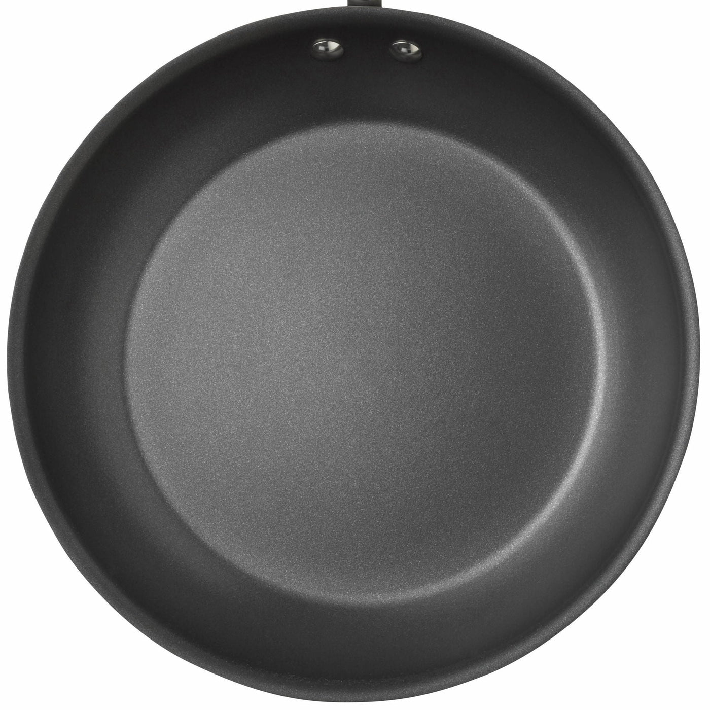 The 12-Piece Cucina Hard Anodized Nonstick Cookware Set, when viewed from above, features a sleek frying pan crafted from durable aluminum.