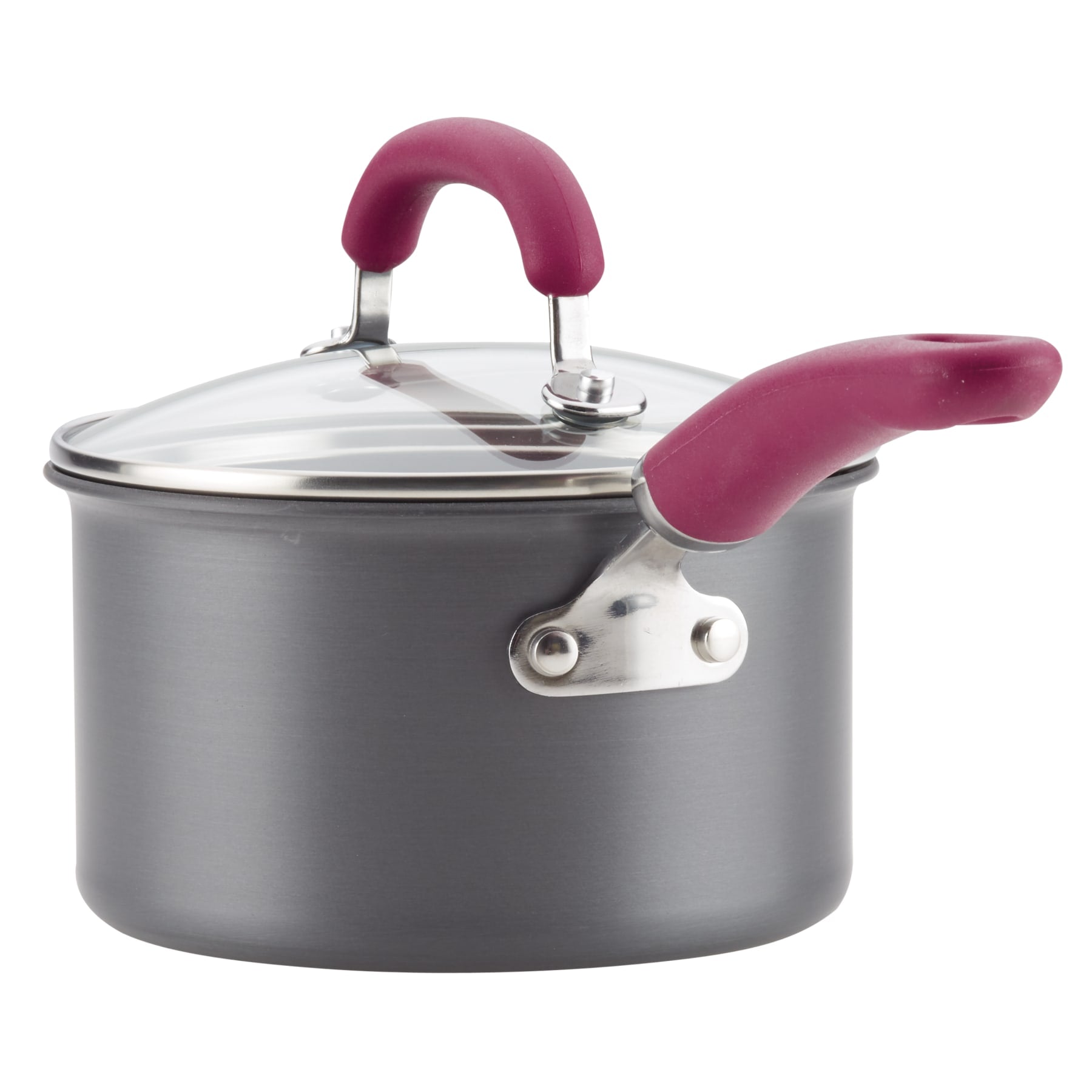 11-piece nonstick set with glass lids, gray with red handles for induction use.