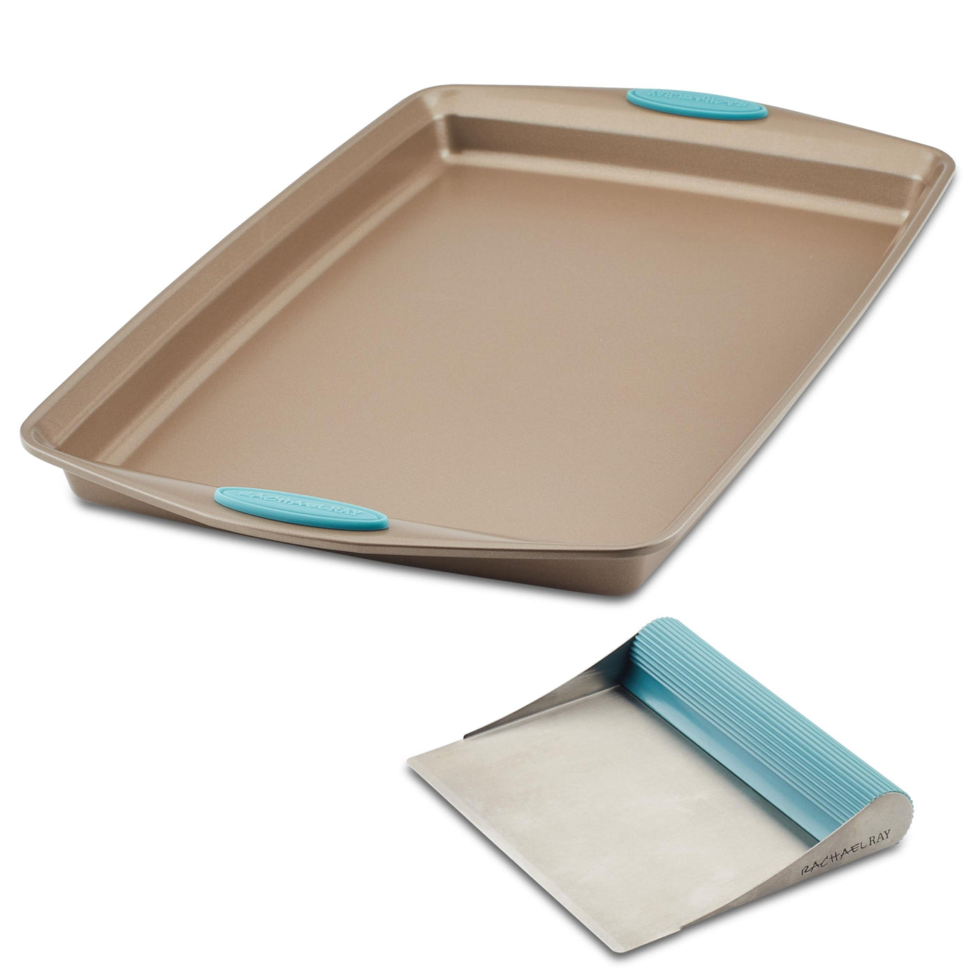 Nonstick baking sheet and bench scrape set featuring blue silicone grips.