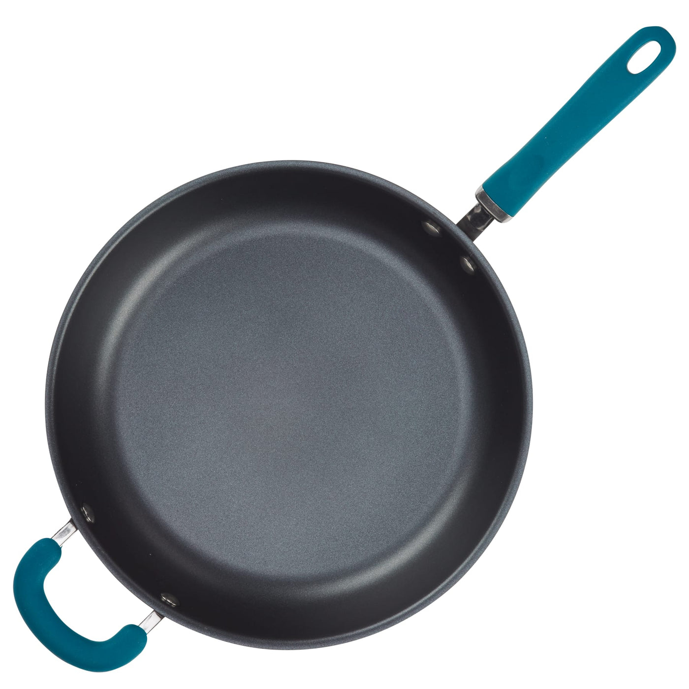 12.5" anodized nonstick induction frying pan with blue silicone handles, top view.