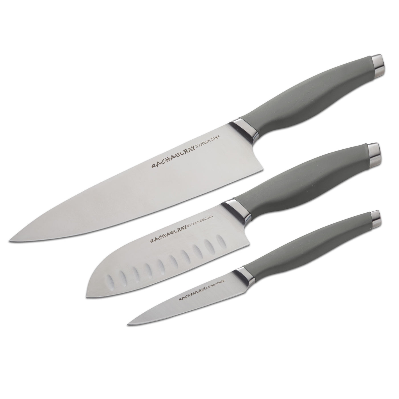 The 3-Piece Assorted Cutlery Knife Set, featuring gray-handled knives crafted from Japanese stainless steel, is displayed on a white background.