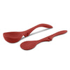 The Lazy Ladle and Spoon Set, consisting of two red silicone spoons ideal for nonstick cookware, rests on a plain white background.