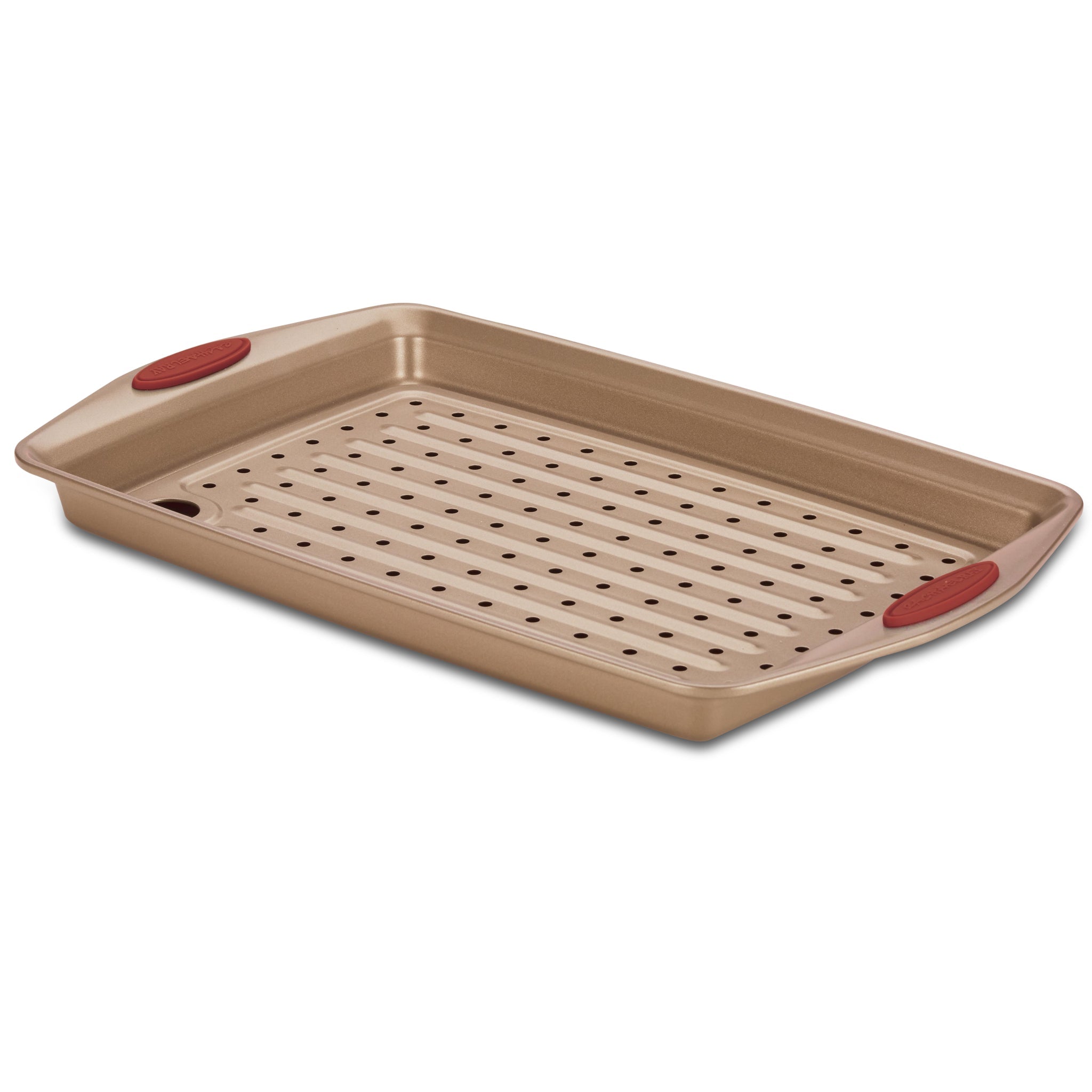 10-Inch x 15-Inch Nonstick Crisper Pan Set, crafted from heavy gauge steel, features a perforated surface and red handles for easy grip. Its nonstick properties ensure effortless release and cleanup.